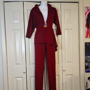 Sophisticated Red Pantsuit with Tailored Blazer and High-Waisted Trousers